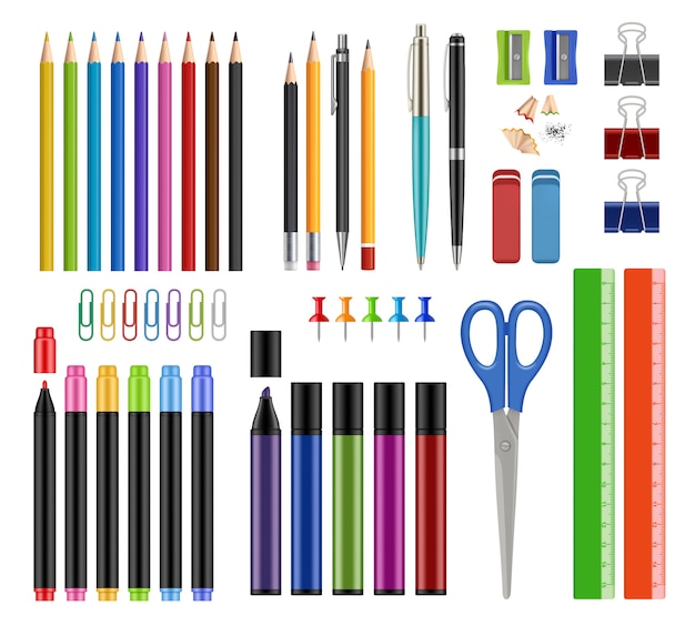 Stationary collection. Pen pencils sharpen rubber school education tools or office supply items  realistic s isolated