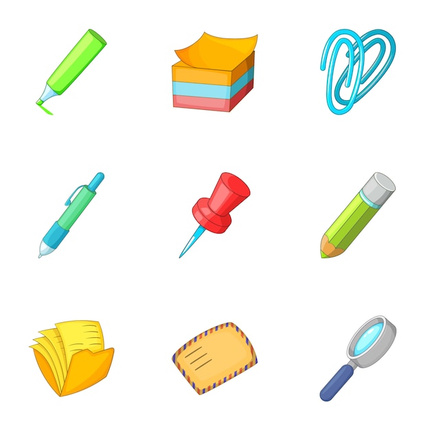 Stationery icons set, cartoon style