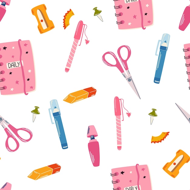 Stationery seamless pattern Back to school Notepad Pen Eraser Marker Sharpener and Scissors Endless background in childish style for fabric textile kids and wallpaper Vector illustration