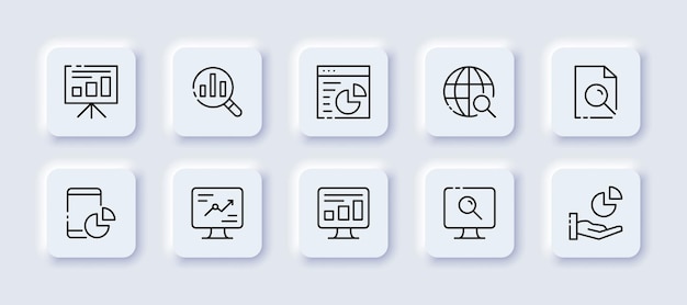 Statistics Flipchart bar chart graph magnifying glass chart website internet search research computer document phone hand Business concept Neomorphism Vector line icon for Business