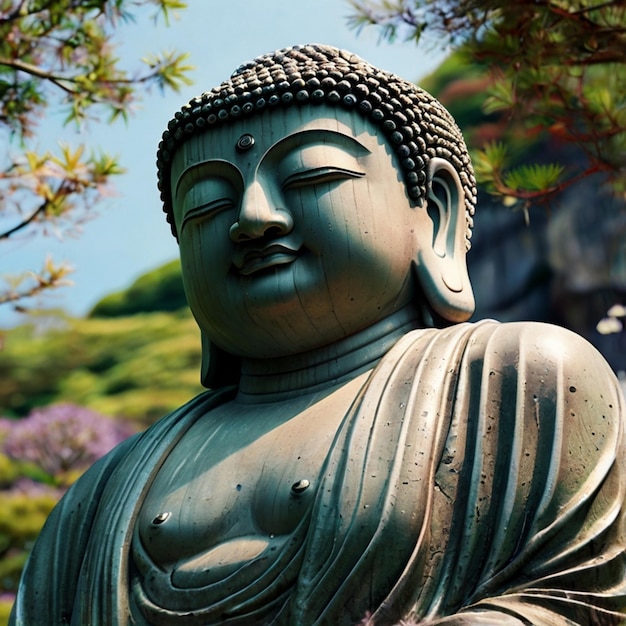 Vector a statue of buddha with a tree in the background