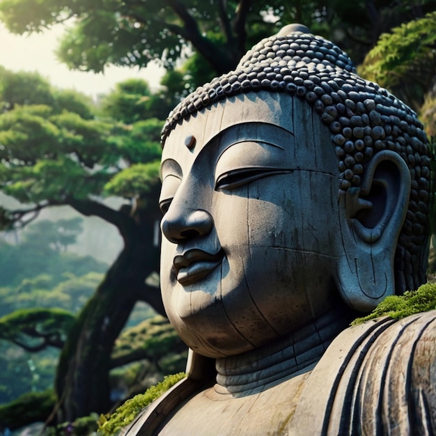 a statue of buddha with trees in the background