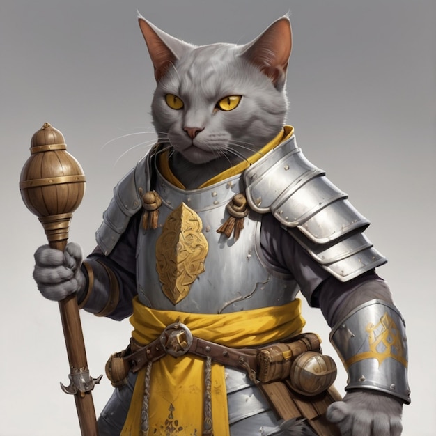 a statue of a cat with a sword and gold eyes