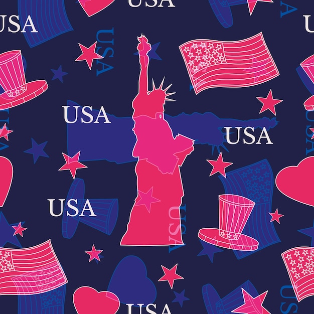 The Statue of Liberty the American flag and many stars in the background Seamless pattern vector background USA Independence Day decoration