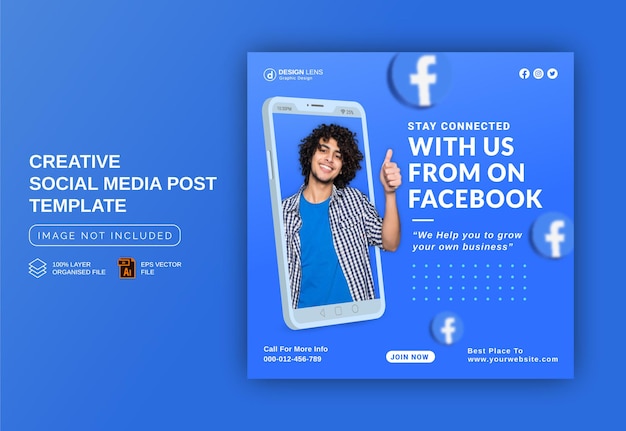 Vector stay connected with us on facebook to grow your business social media post template