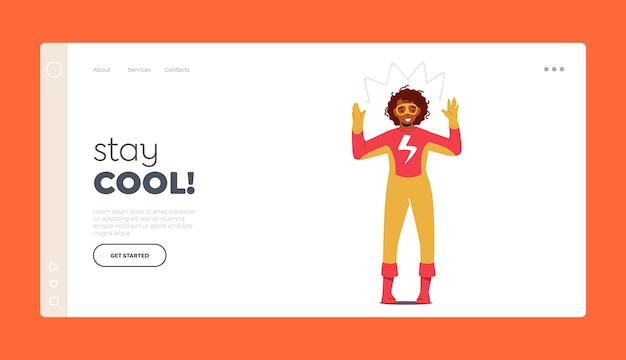 Stay Cool Landing Page Template Funny Girl Character in Super Hero Costume with Flash Child Superhero Perform on Theater Scene Kid Playing or Having Fun on Party Cartoon People Vector Illustration