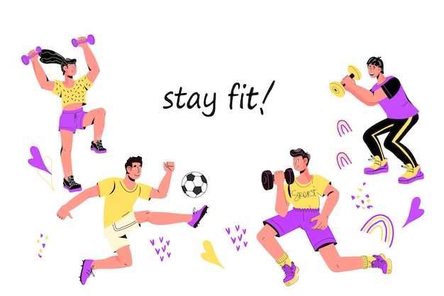 Stay fit and active banner or poster template vector illustration isolated on white background Stay fit advertisement for sport activity events and trainings