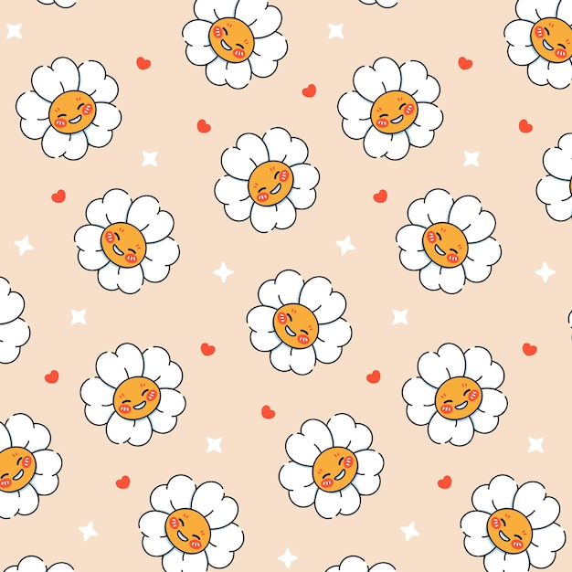 Stay groovy Seamless pattern of bright trippy retro daisies characters