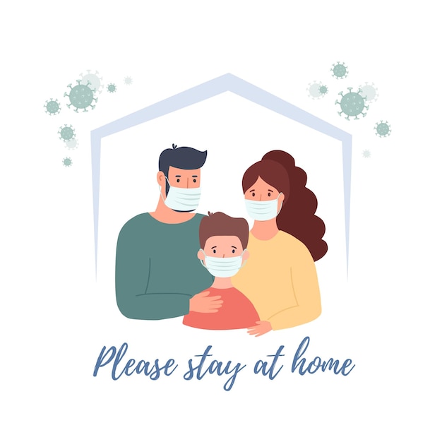 Stay home banner template. family wearing protective Medical mask for prevent virus Wuhan Covid-19. Wuhan coronavirus vector illustration.