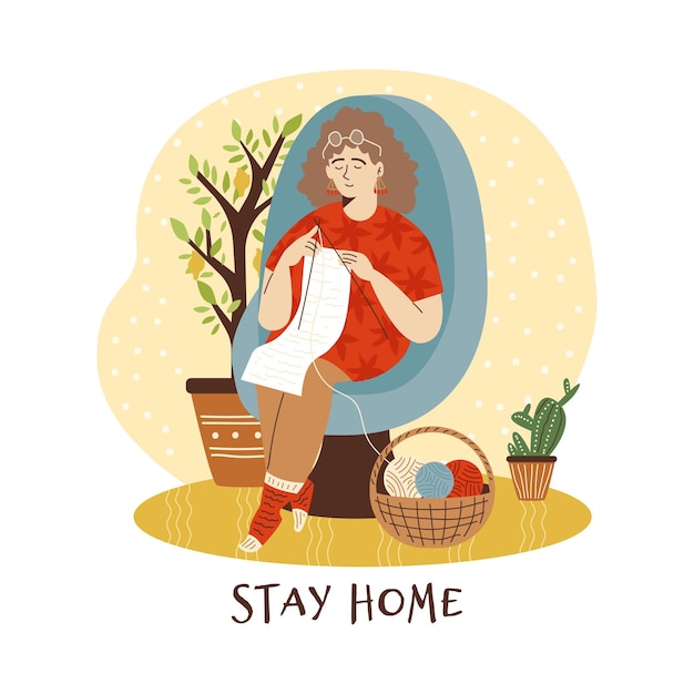 Stay home banner with woman enjoying leisure time flat vector illustration