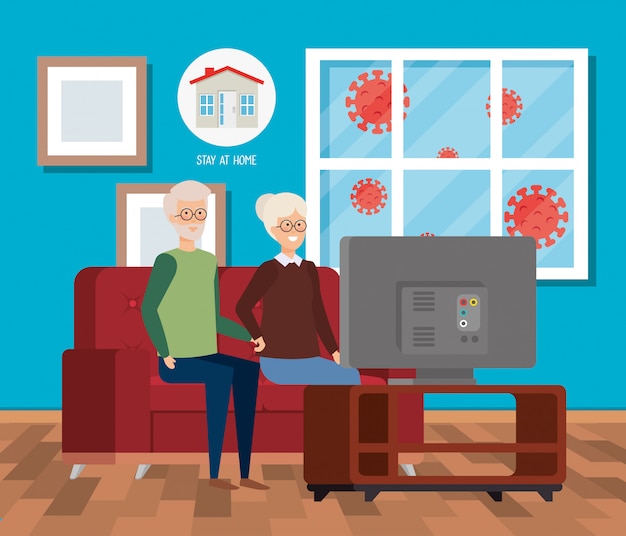 Stay at home campaign with old couple watching tv