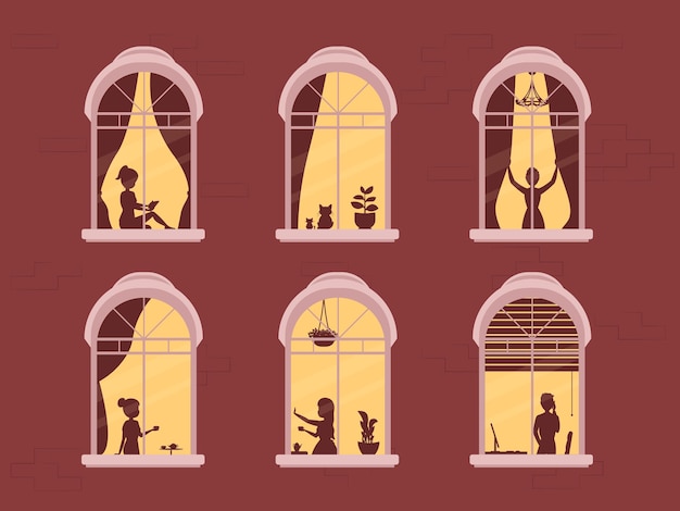 Stay at home, concept design. Different types of people, family, neighbors in their own houses.  illustration evening home scene, silhouette or shadow people in window