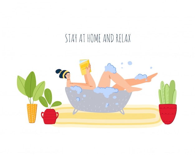 Stay home concept - girl takes a bath and reads book, resting, home activities for people