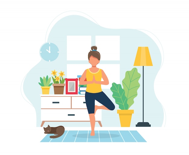 Vector stay home concept. woman doing yoga in cozy modern interior.