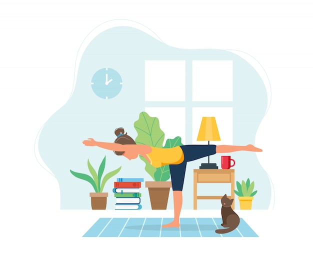 Stay home concept. Woman doing yoga in cozy modern interior.