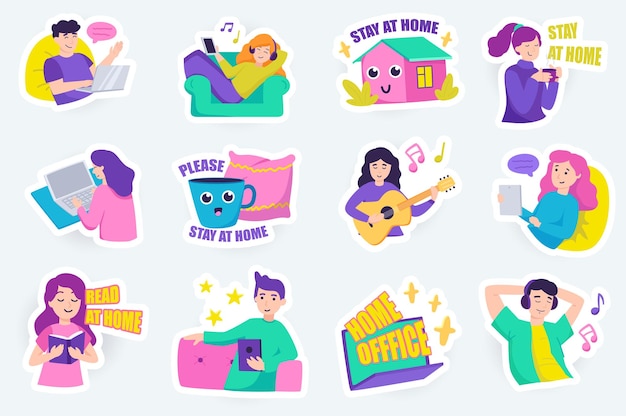 Stay at home cute stickers set in flat cartoon design bundle of work and rest at home listen