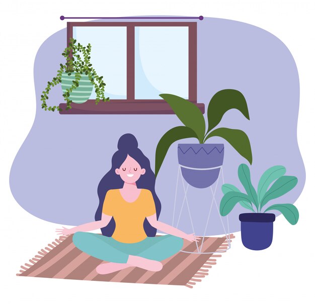 Vector stay at home, girl in meditation yoga pose