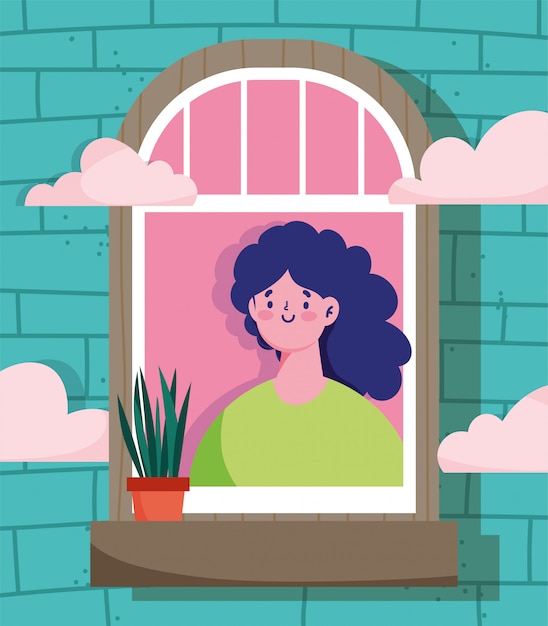 Vector stay home quarantine, woman looking at the window with plant in pot, facade of the brick building   illustration