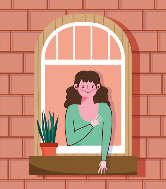 stay home quarantine, woman looking at the window with plant in pot, facade of the brick building   illustration