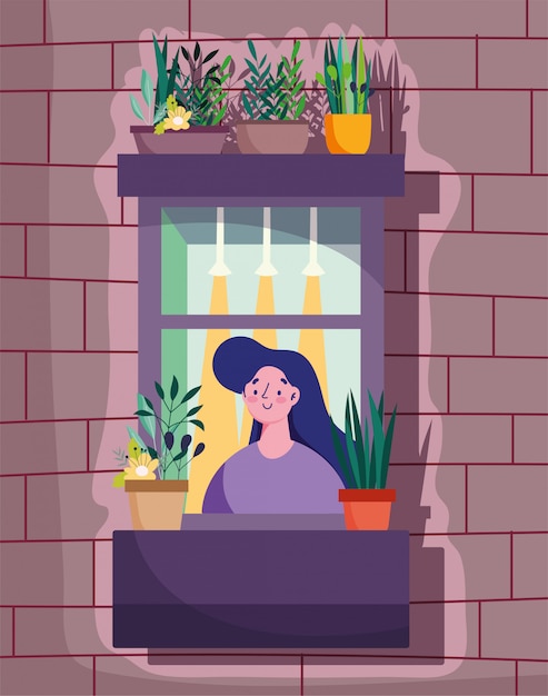 Vector stay home quarantine, woman looking at the window with plant in pot, facade of the brick building   illustration