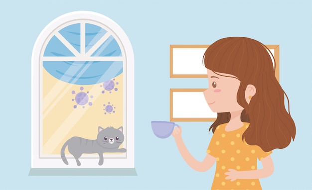 Stay at home quarantine, woman with coffee cup and cat resting in window