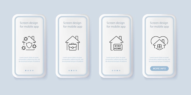 Stay home set icon Virus protection shield briefcase remote work home life heart treatment quarantine Domesticity concept UI phone app screens Vector line icon for Business and Advertising