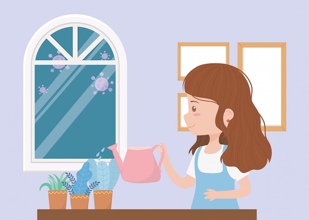 Stay at home, smiling woman with plants gardening pastime in room