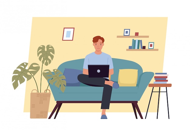 Stay at home. Young man working on laptop computer at home. Freelance, work at home, remote work and home office. Vector illustration in a flat style