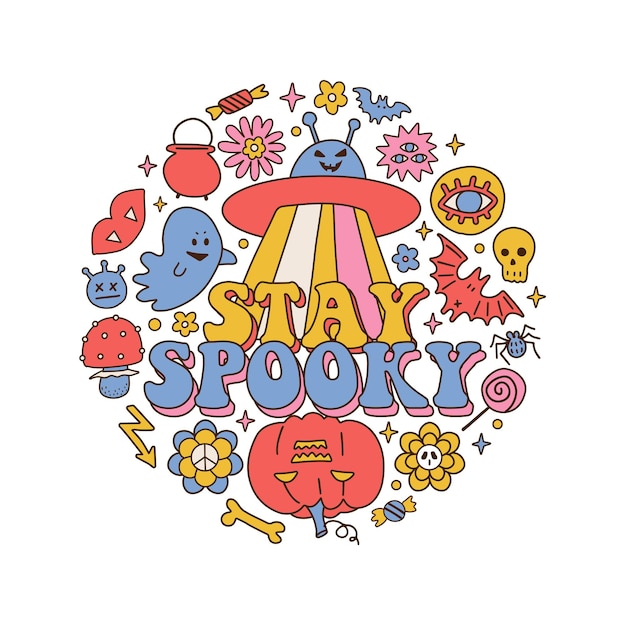 Stay spooky text round sticker concept isolated on white background retro s s circle composition vin