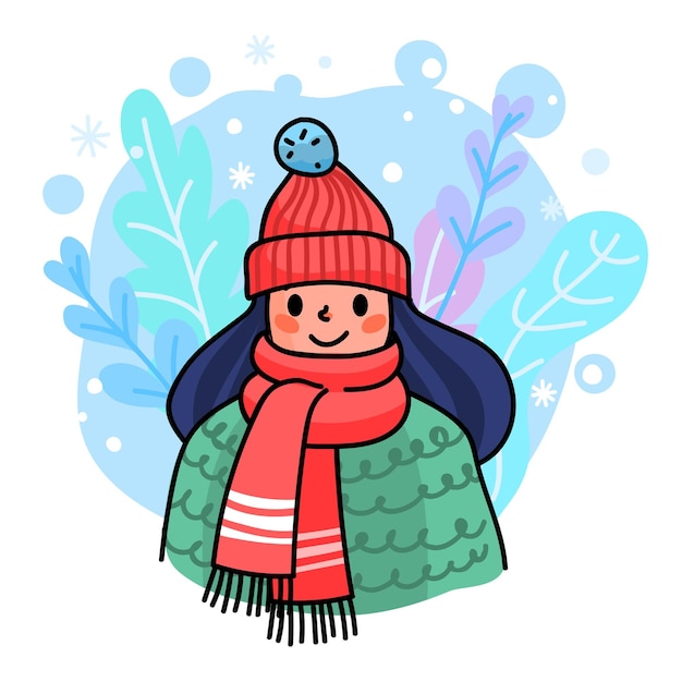 Stay warm this winter concept. Woman in winter clothes. Seasonal illustration for your design.