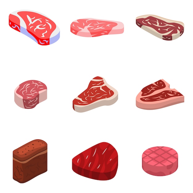 Steak icons set, isometric style