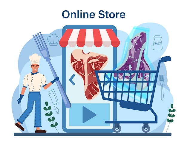 Steak online service or platform. People cutting beef and cooking tasty grilled meat with sauces and seasonings. Delicious barbecue. Online store. Vector illustration