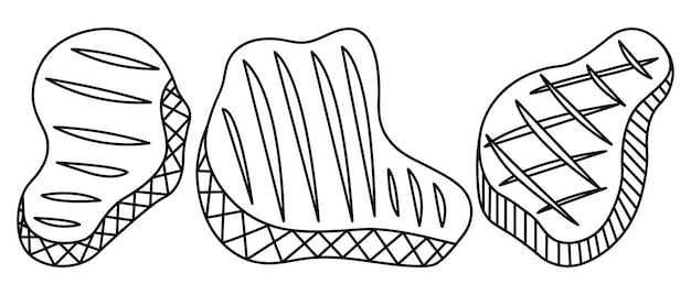 Steak Pieces of meat of different shapes are prepared for frying on the grill in doodle style