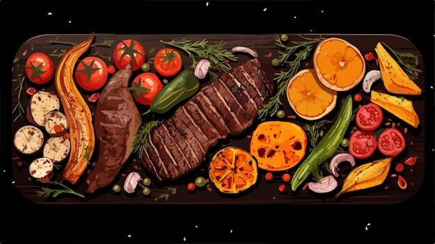 Vector a steak and vegetables are on a black table with a picture of vegetables and fruits and vegetables