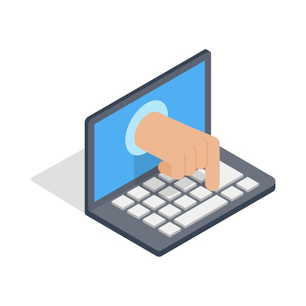 Stealing data through a laptop icon in isometric 3d style on a white background