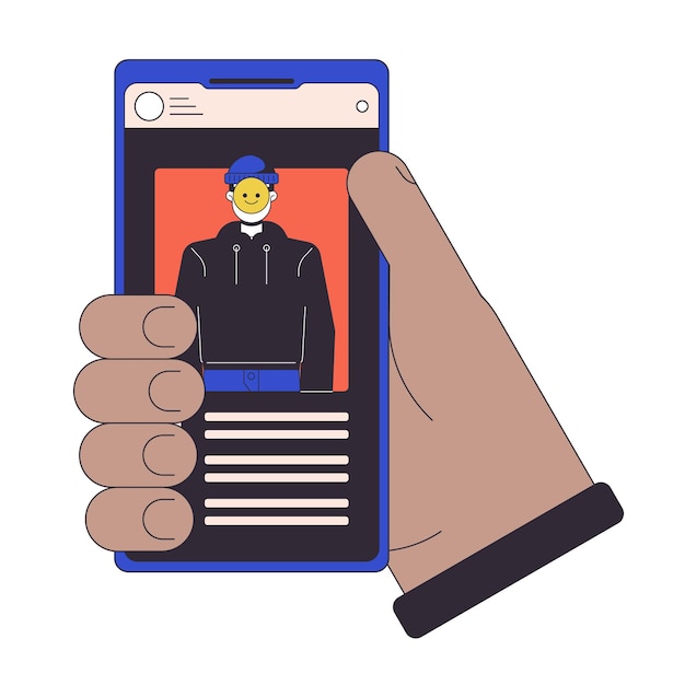 Stealing identity by smartphone flat line concept vector spot illustration Cybercrime Hacker personality theft 2D cartoon outline hand on white for web UI design Editable isolated color hero image