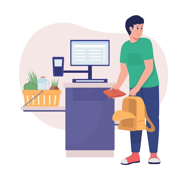 Stealing at self check out 2D vector isolated illustration