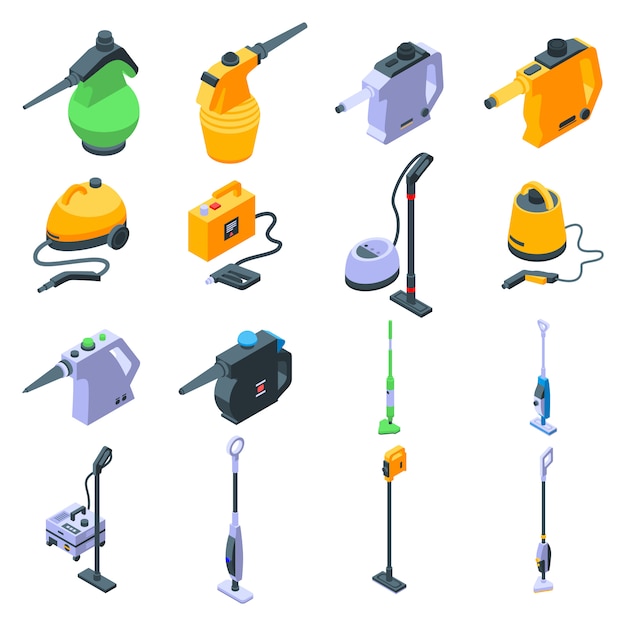 Steam cleaner icons set, isometric style