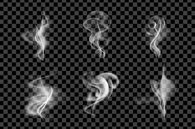 Steam smoke 3d set in realism design Bundle of curved smoke flow of different forms for tea coffee cigarette or hookah effects fog and mist swirl isolated realistic elements Vector illustration