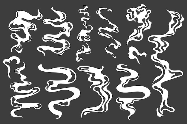 Steam vapor effect Cartoon cigarette curly smoke fog and steam comic design Vector isolated set