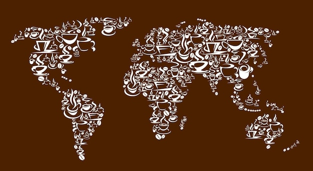 Steaming coffee cups, pots and beans vector world map. Freshly brewed espresso, cappuccino or latte, hot chocolate or macchiato coffee drinks in mugs and demitasse cups with saucers and steam