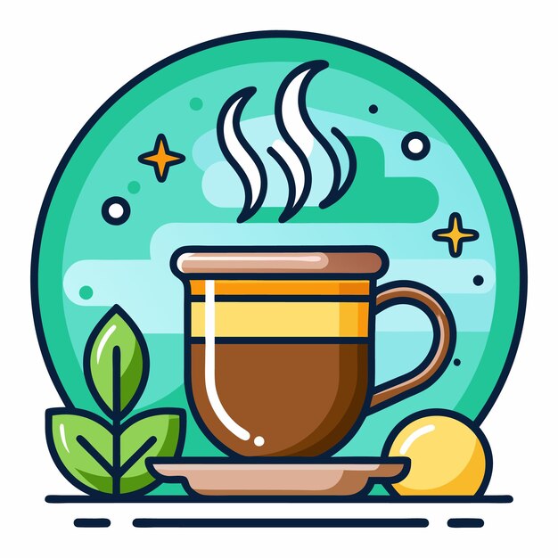 Vector a steaming cup of coffee with a saucer a plant and a yellow circle