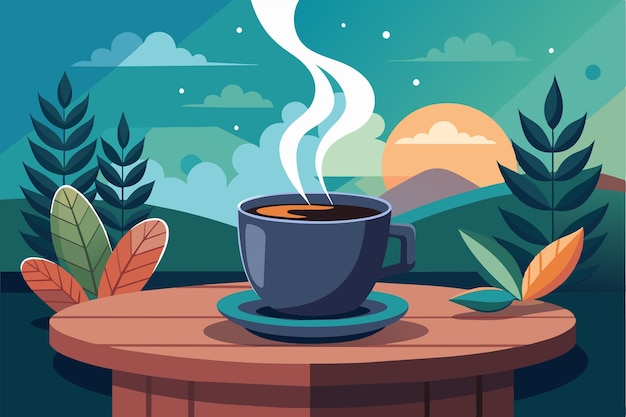 Vector a steaming cup of coffee on a wooden table surrounded by vibrant leaves and mountains at sunrise conveying warmth and tranquility in nature