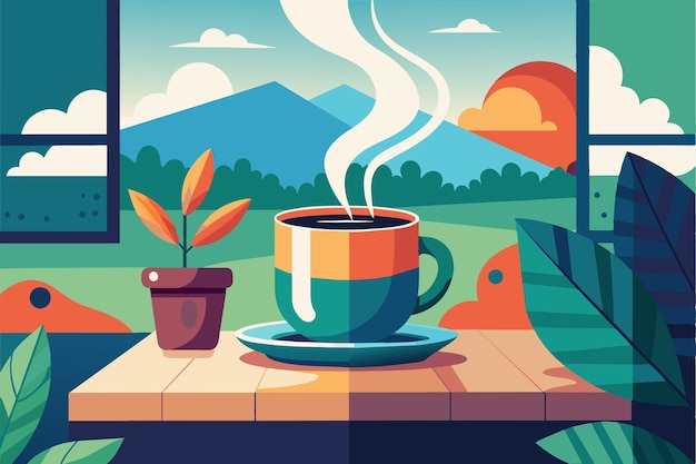 A steaming cup of coffee on a wooden table surrounded by vibrant leaves and mountains at sunrise conveying warmth and tranquility in nature