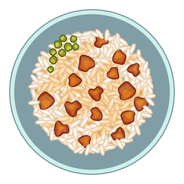 Vector steaming plate of rice topped with vegetables and meat