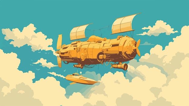 Vector steampunk airship soaring through the clouds