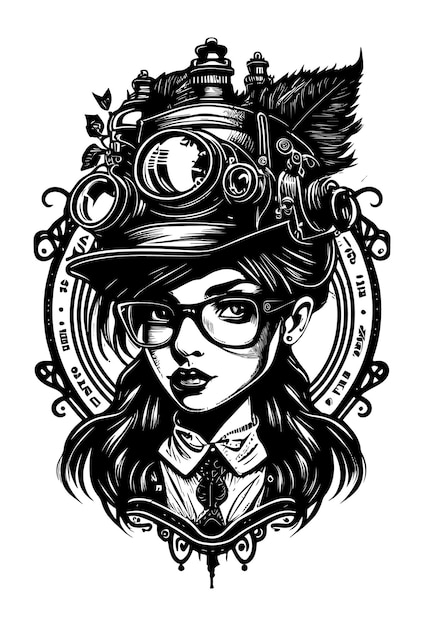 Steampunk beautiful Girl with glasses and hat illustration