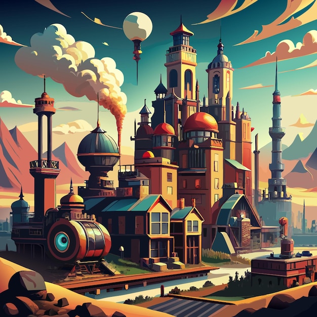 Vector steampunk city design a city with a victorianera aesthetic infused with advanced steampowered