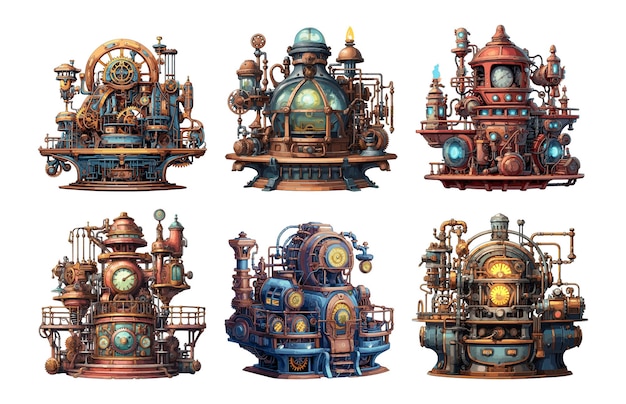 Steampunk complex machines with coggears and lamplights Retro engines vintage mechanism set colour illustration on white background