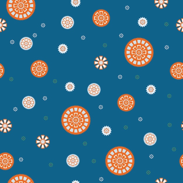 Steampunk gear and cogwheel flower Background seamless pattern in orange and deep blue colors